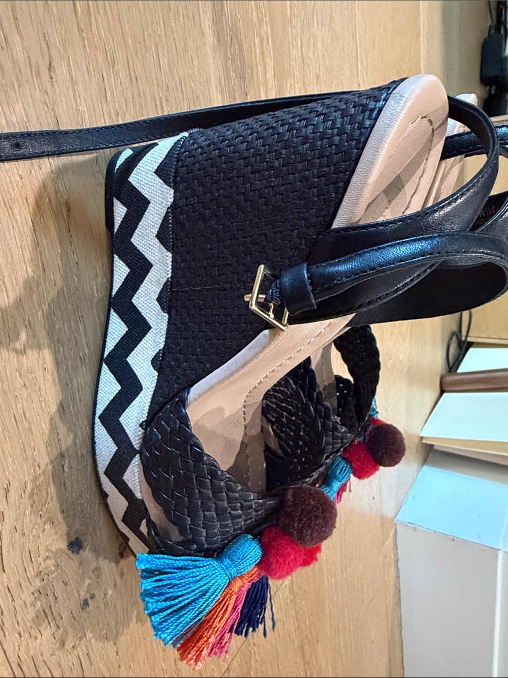 Kate Spade Women’s Black Woven Wedge Sandals with Multicolor Tassels - Picture 3 of 5